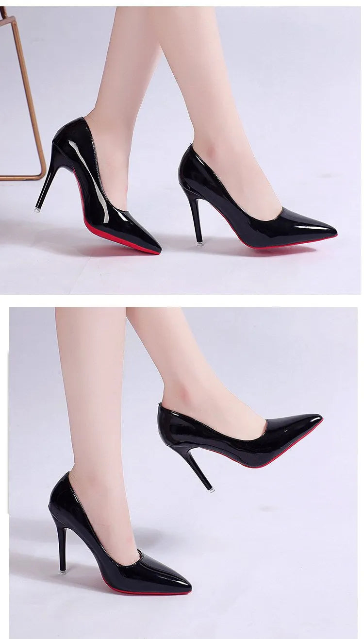 Women's solid colour stiletto heel pumps with a pointed toe and shallow mouth design on a white background.
