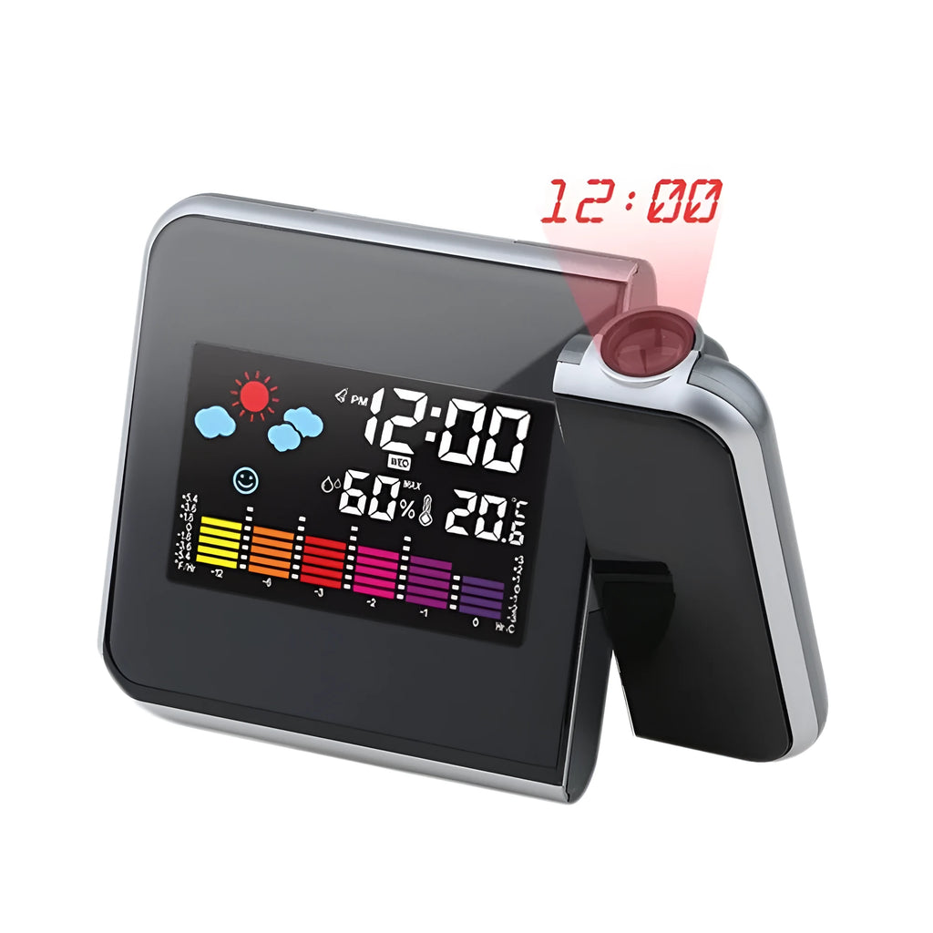 Black digital projection alarm clock with multicolour LED temperature and humidity display