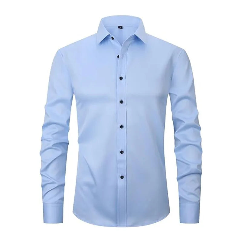 Men's stretch long sleeve work shirt in polyester fabric with white buckle detail and size guide