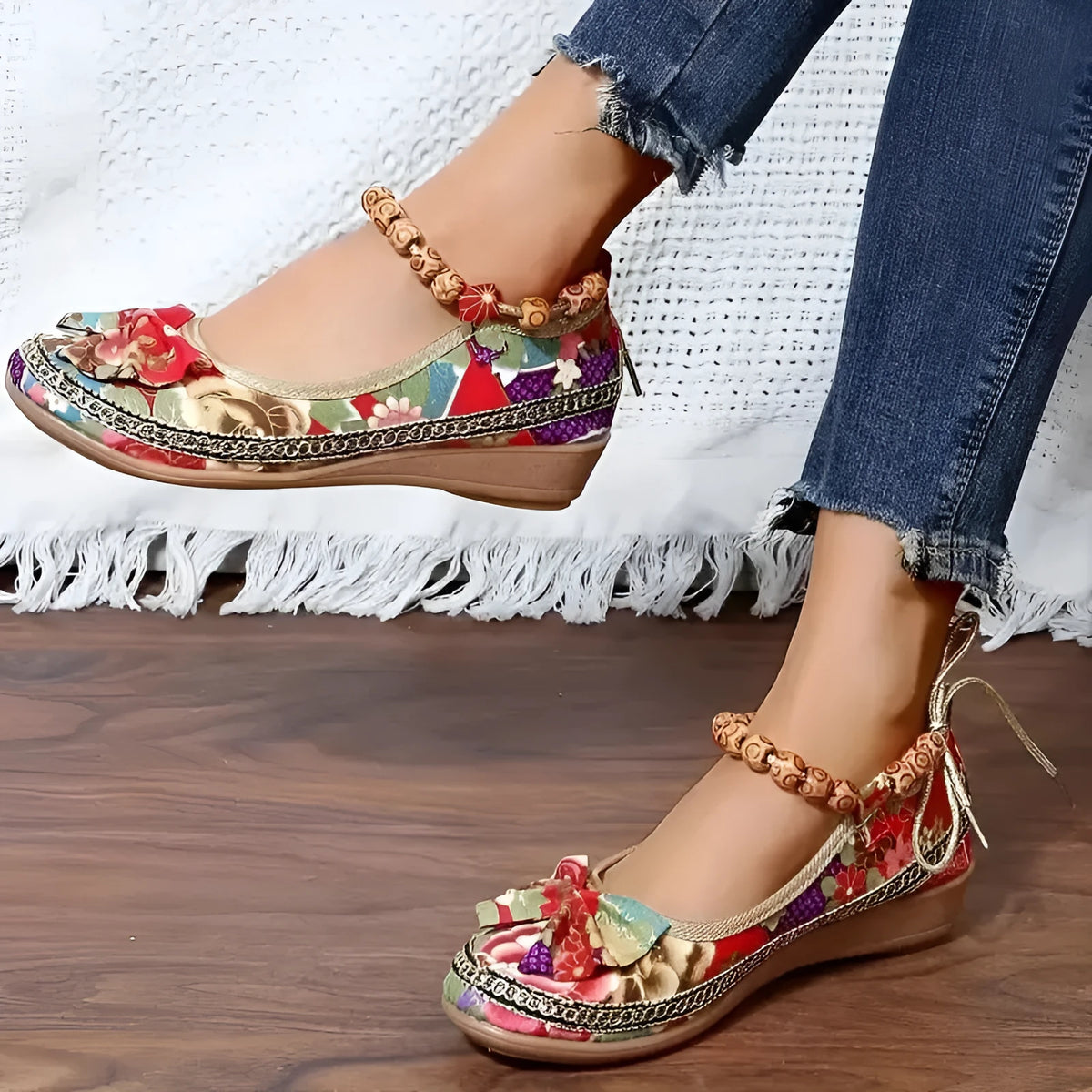 Women's black ethnic platform sandals with elasticated band and cloth upper on PU sole