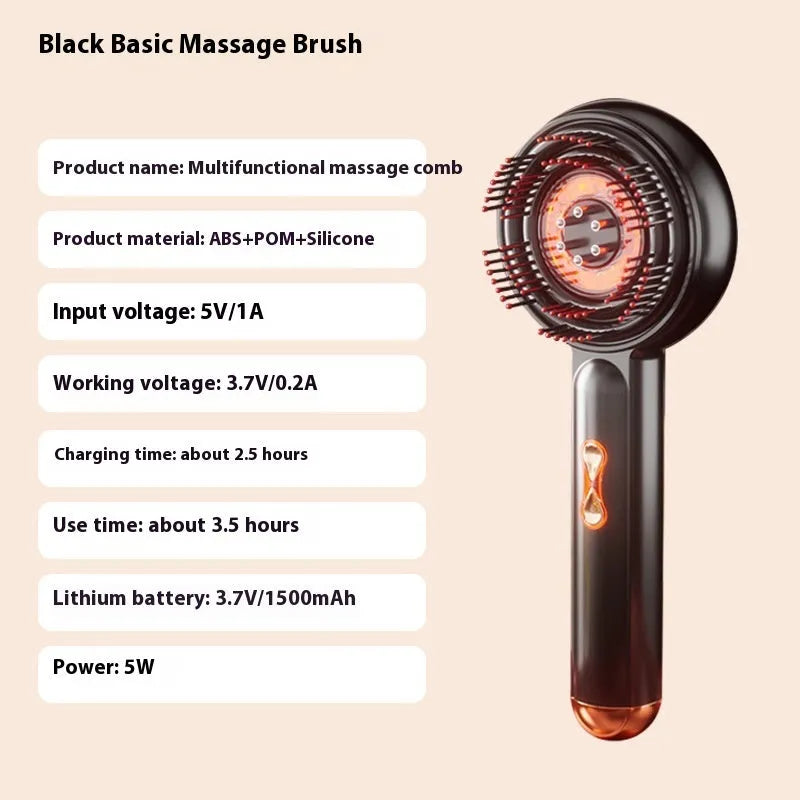 Black and red rechargeable scalp massage comb with red and blue lights, shown with a Type-C charging cable.