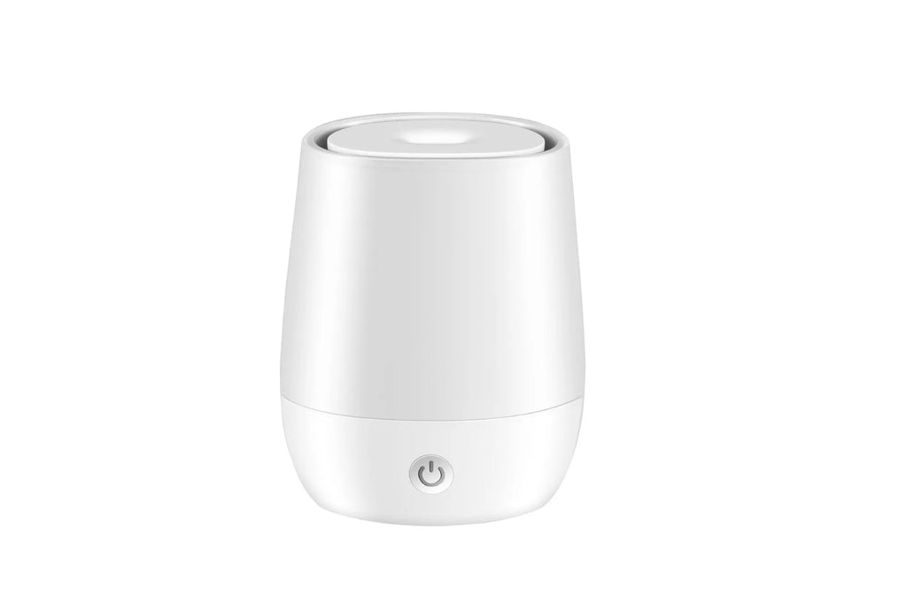 White USB aromatherapy humidifier with simulated flame effect, compact design with water tank