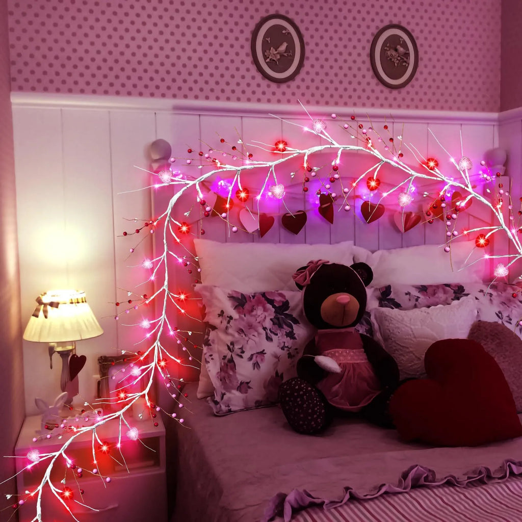 1.8m pink heart shaped rattan string lights with 48 LED lights, battery powered and IP44 rated