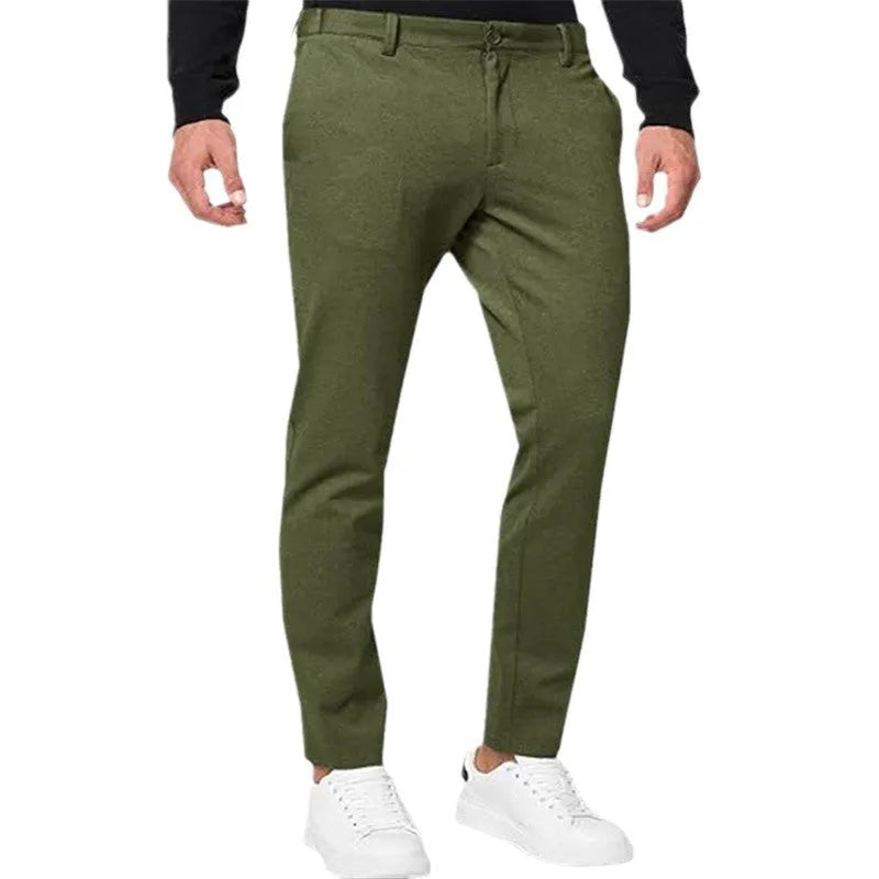 Men's slim-fit tapered chino trousers in stretch cotton blend fabric, shown in Army Green colour
