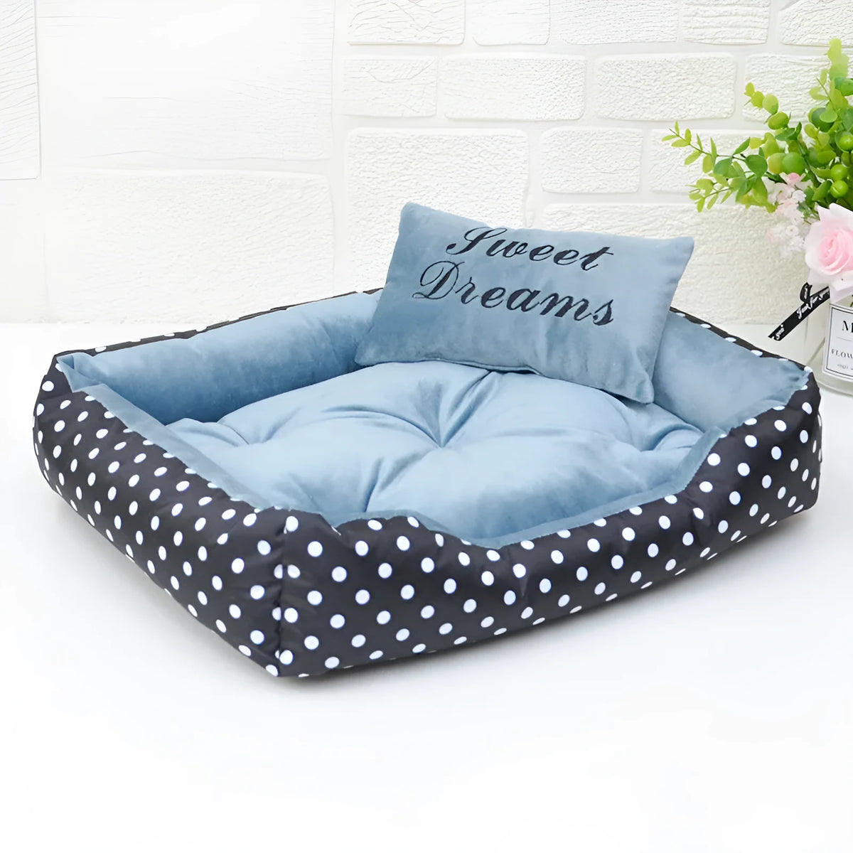 Polka dot print dog bed with matching embroidered square pillow in rose red, lake blue, pink, or grey.