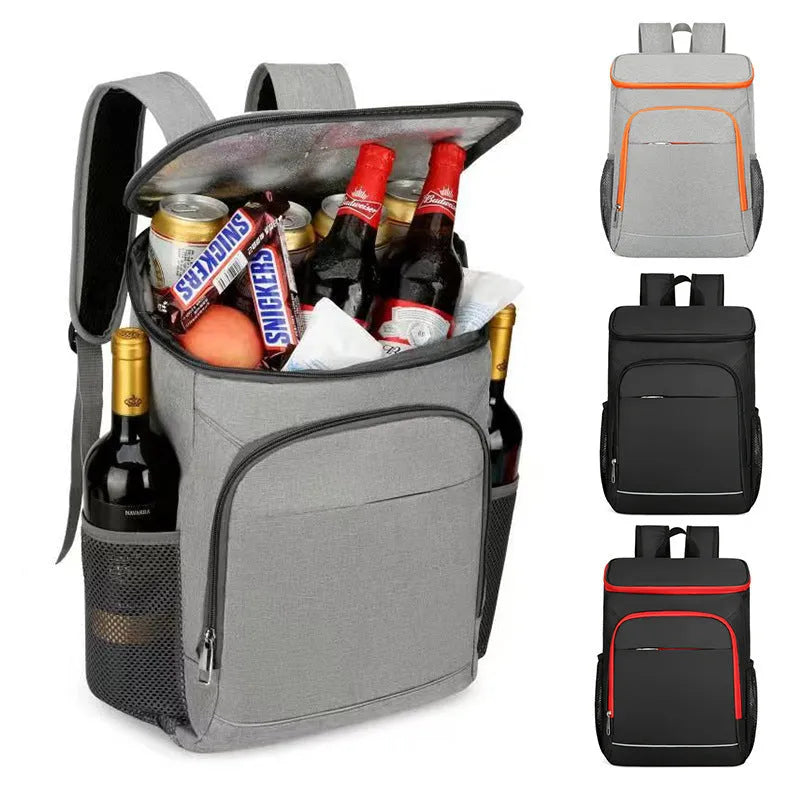 Large black Oxford cloth outdoor backpack with curved shoulder straps, shown open to reveal compartments.