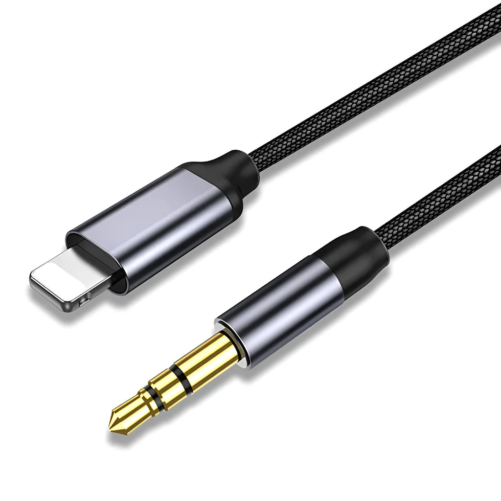 Silver and black nylon audio cable with 3.5mm plugs for car adapter use.