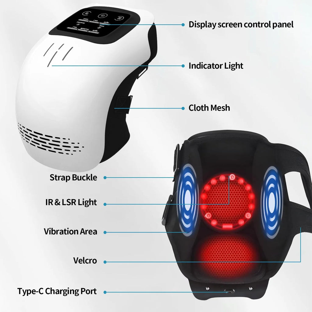 Intelligent electric knee massager with adjustable strap showing white and wood colour options