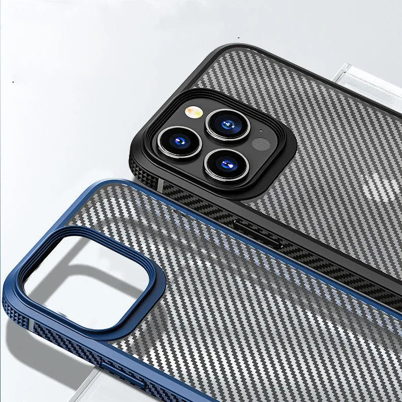 Black anti-fall protective case for iPhone 13 with carbon fibre pattern and composite TPU+PC construction