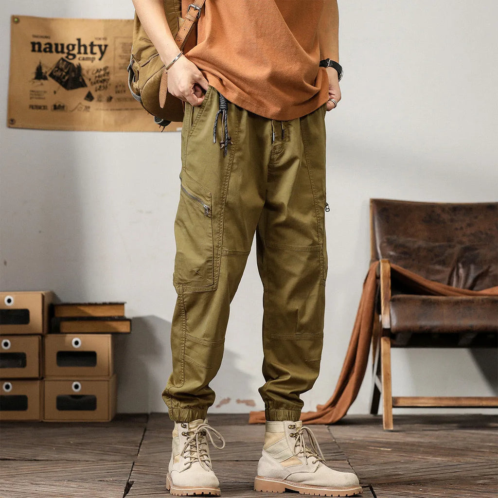 Men's loose cotton trousers with ankle banded design in four colour options