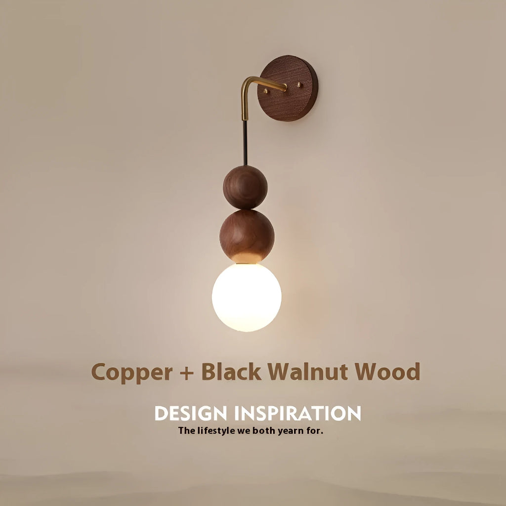 Wood and copper hanging wall lamp with circular 10cm diameter design and tricolour lighting