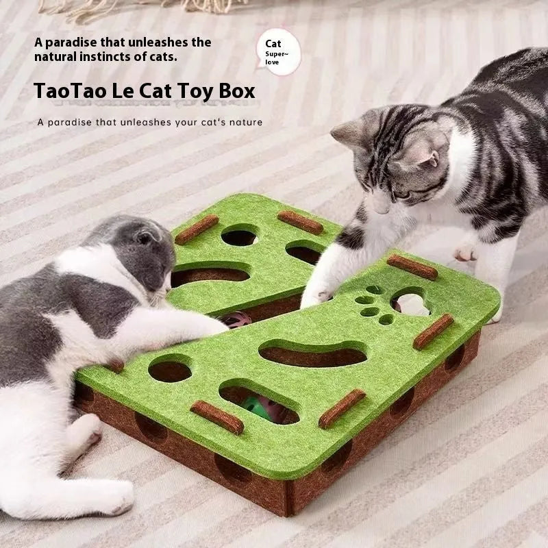 Felt cat scratching and hiding box toy in green brown colour measuring 30cm wide