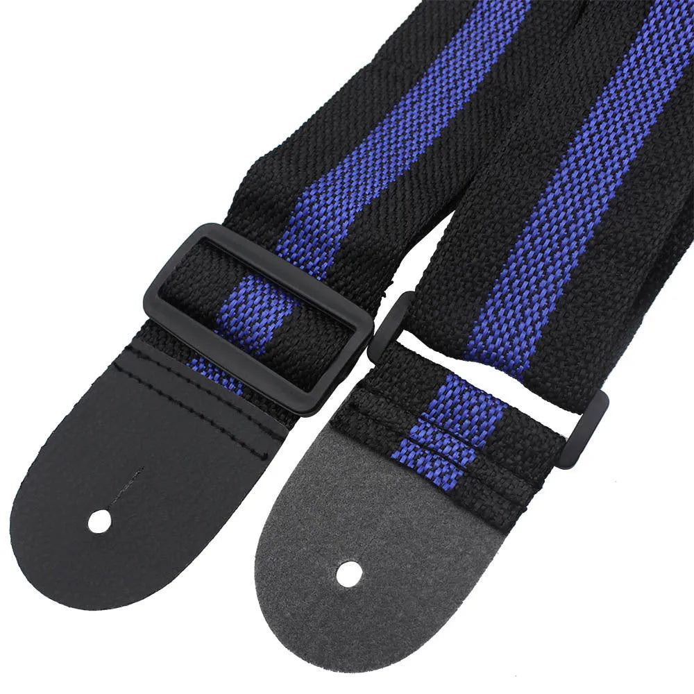 Woven fabric crossbody instrument strap for guitar, bass, and ukulele shown in multiple colour options