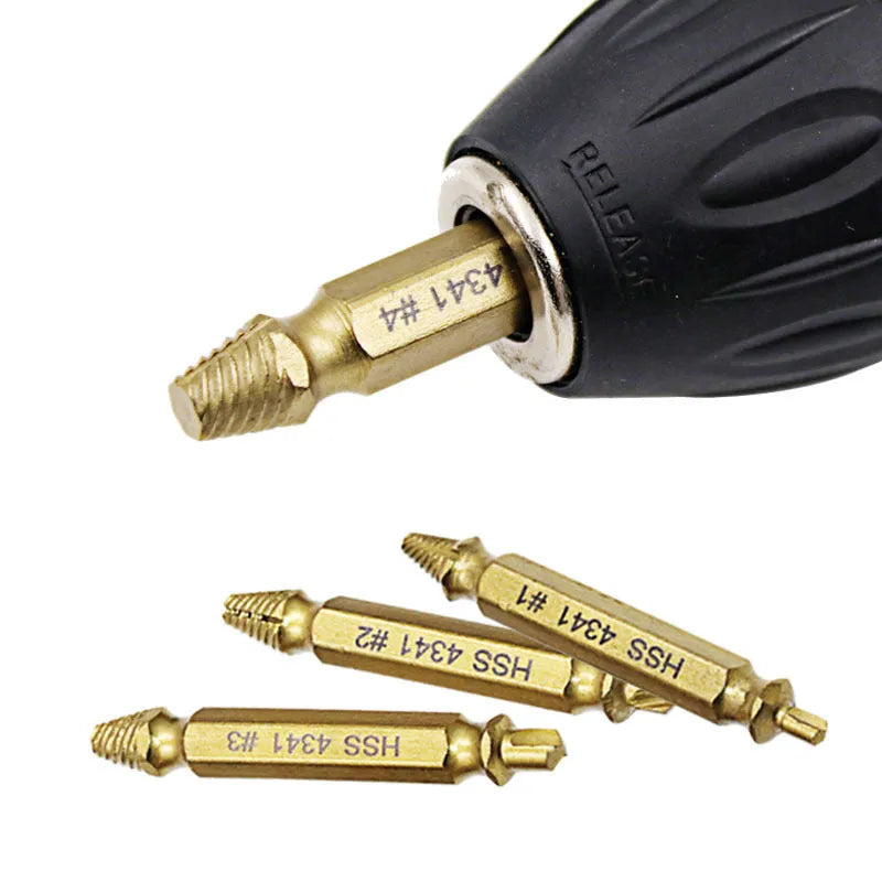 4341 high-speed steel screw extractor set with multiple pieces for removing damaged screws and iron nails.
