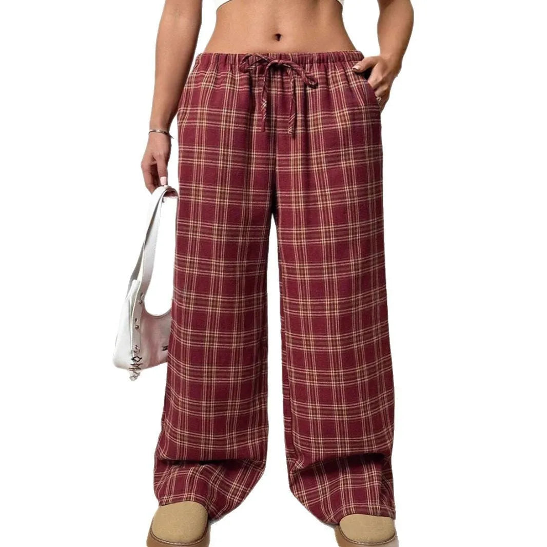 Women's casual plaid trousers with drawstring waist and side pockets in polyester fabric