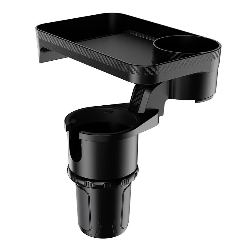 Black ABS plastic car cup holder with integrated rotating dinner tray, shown in a vehicle.