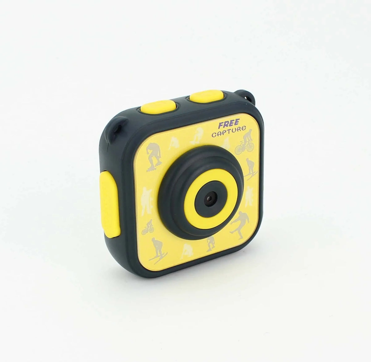 Yellow children's waterproof sports camera showing front with lens and 1.77-inch screen.