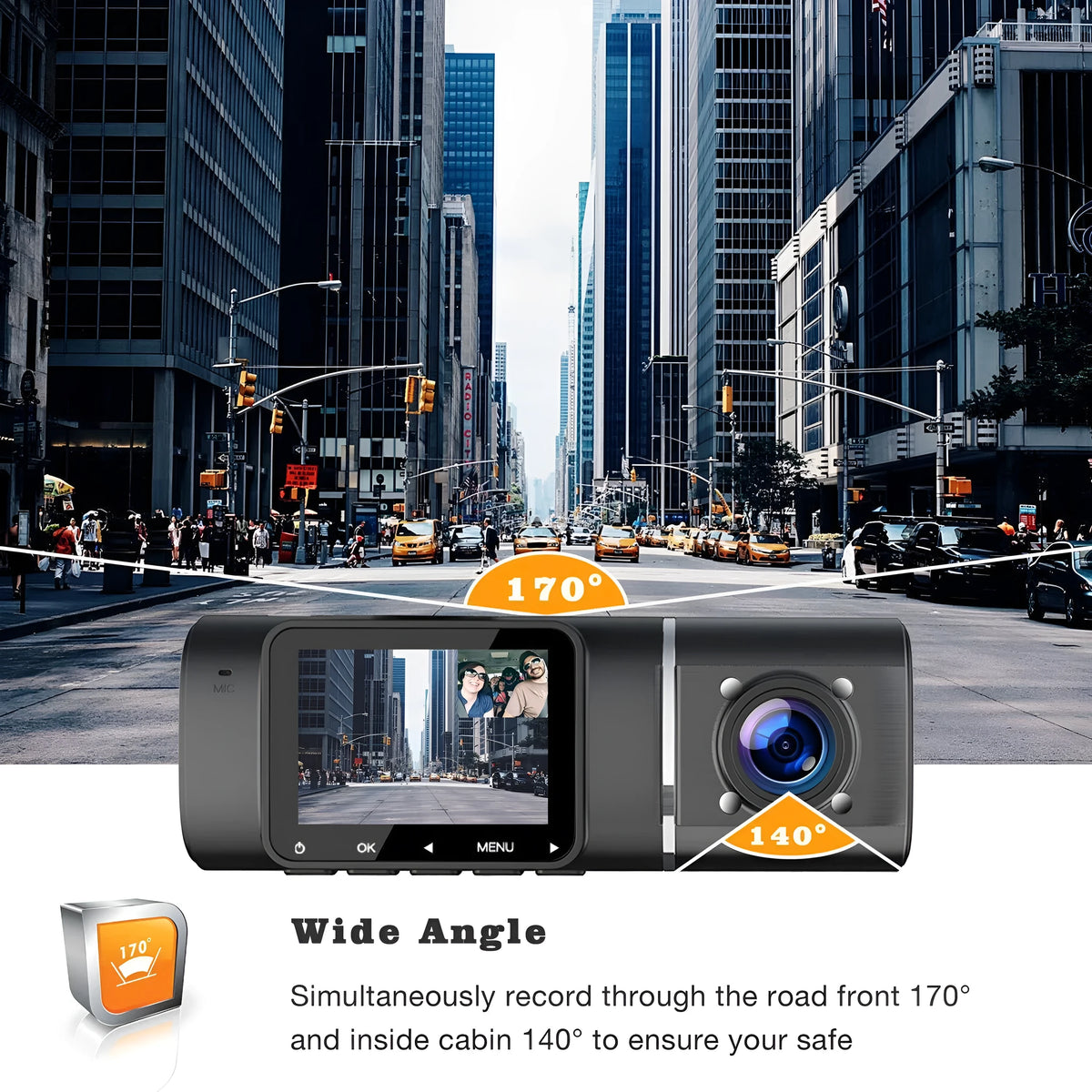 Standard black 1080p car dash camera with 1.5-inch screen, supplied with charger and stand.
