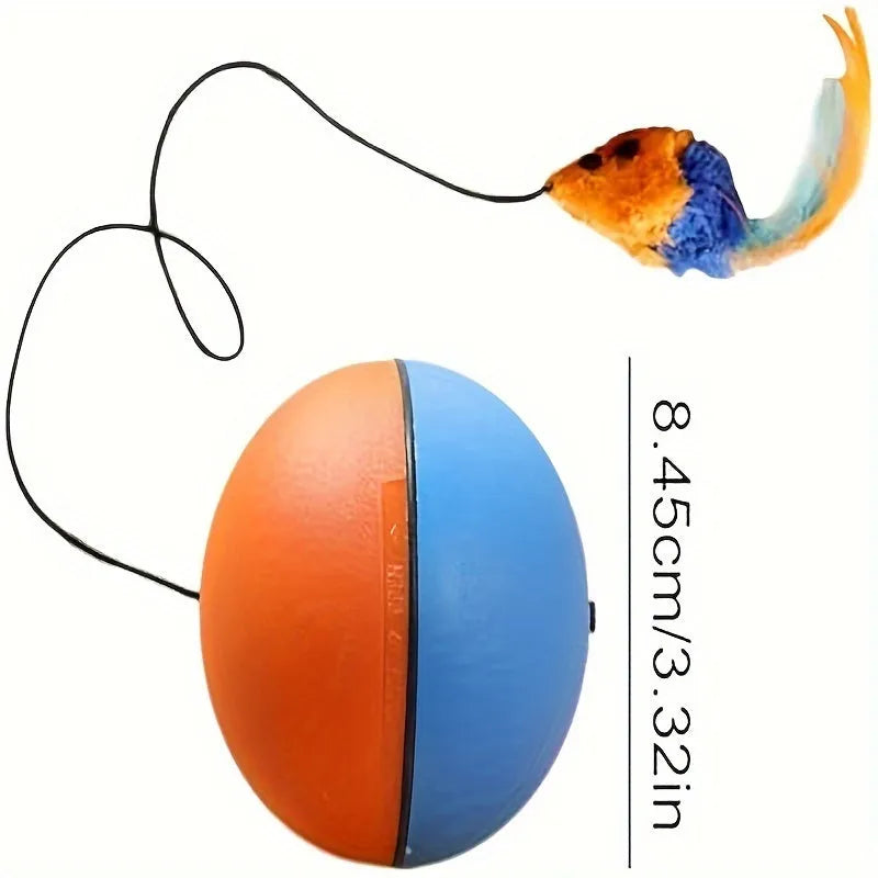 Interactive cat toy with plush mouse and exercise ball in blue and orange colours