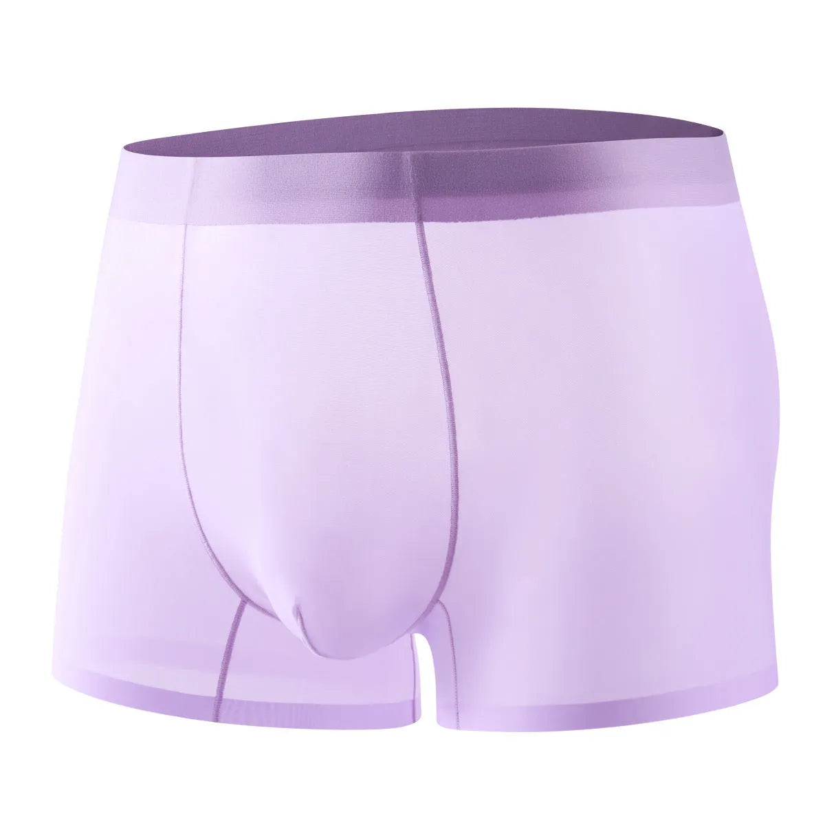 Men's ice silk boxer briefs in seamless traceless design showing white, purple, pink, sky blue and black colour options