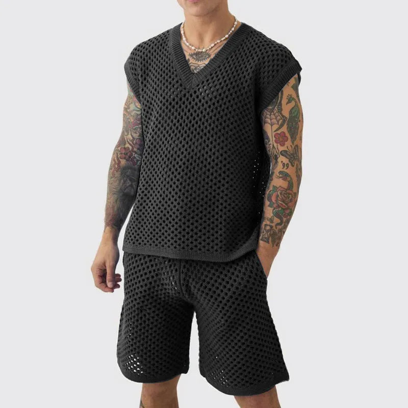 Men's blue V-neck knitted vest and matching shorts sports suit set for summer activities
