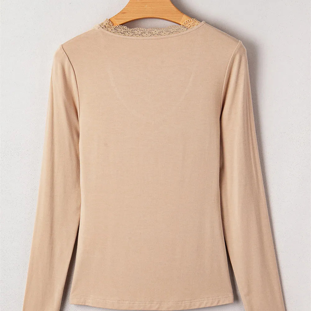 Red women's long sleeve casual pullover top with lace trim detail, slim fit style.