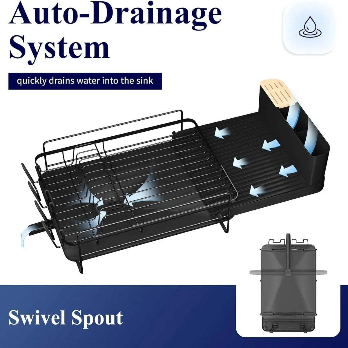 Carbon steel foldable kitchen drain rack for cutlery and cups on a countertop.