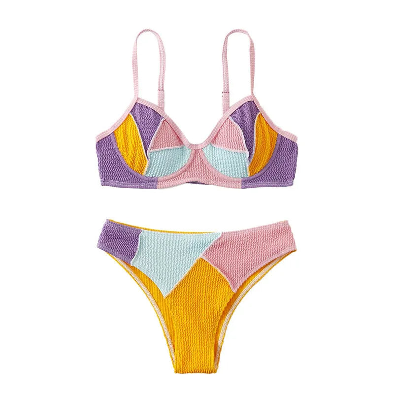 Ladies' bikini top with steel bracket push up and matching shorts in a spliced colour design.