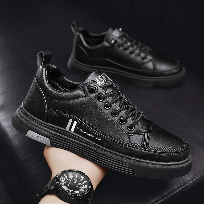 Men's black and white skateboard shoes with elastic band and microfiber upper