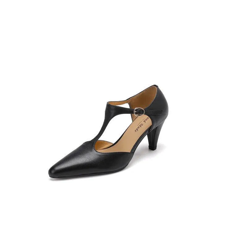 Brown women's retro T-strap sandals with a closed toe, buckle, and a short stout high heel.