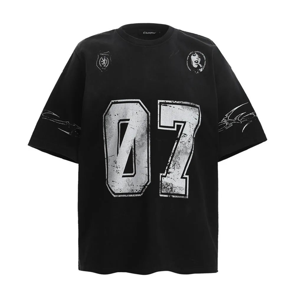 Men's black and white printed short-sleeved cotton t-shirt showing front graphic design