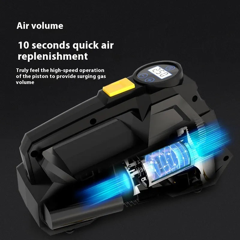 Black portable electric tyre inflator with digital display and LED light on 12V cable