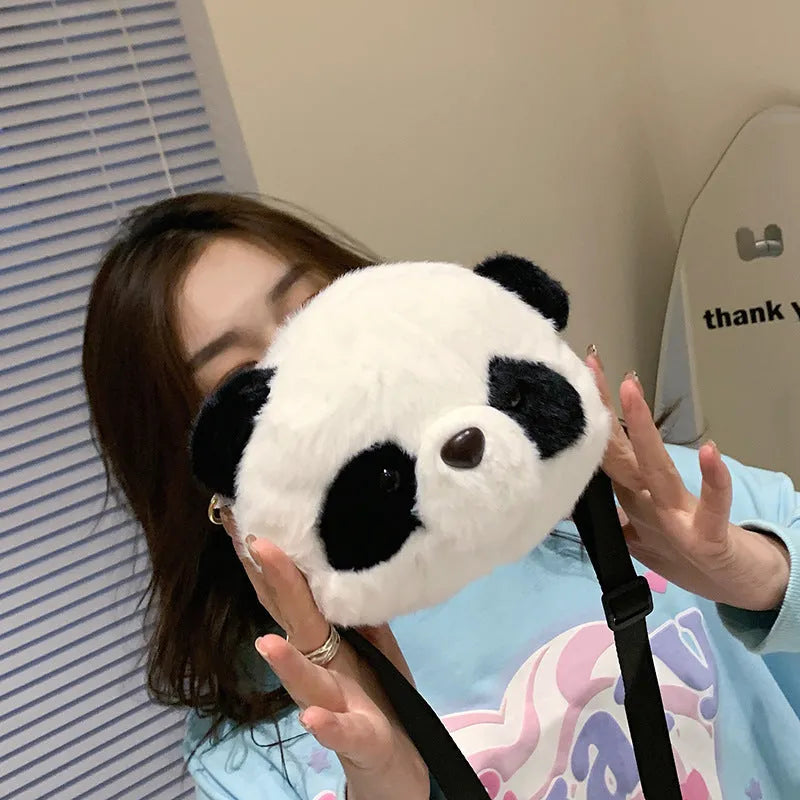 Soft plush panda head crossbody bag with cylindrical design and sandwich pockets