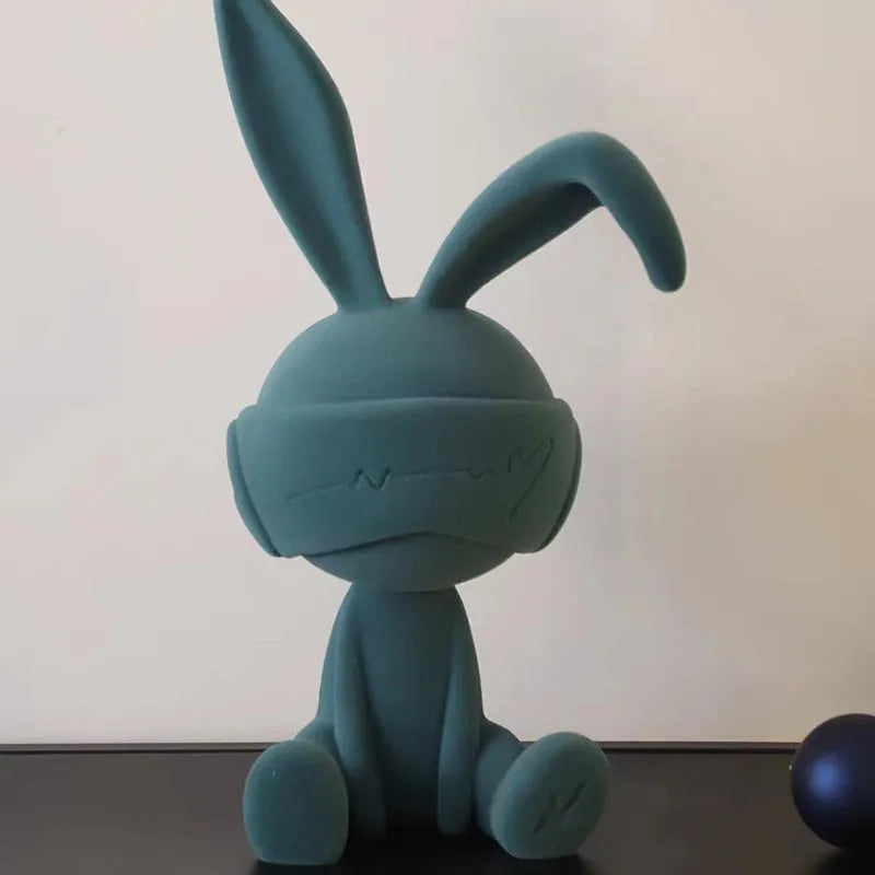 Suede blindfold rabbit resin table ornament in blue, green, or red colour options for home decoration