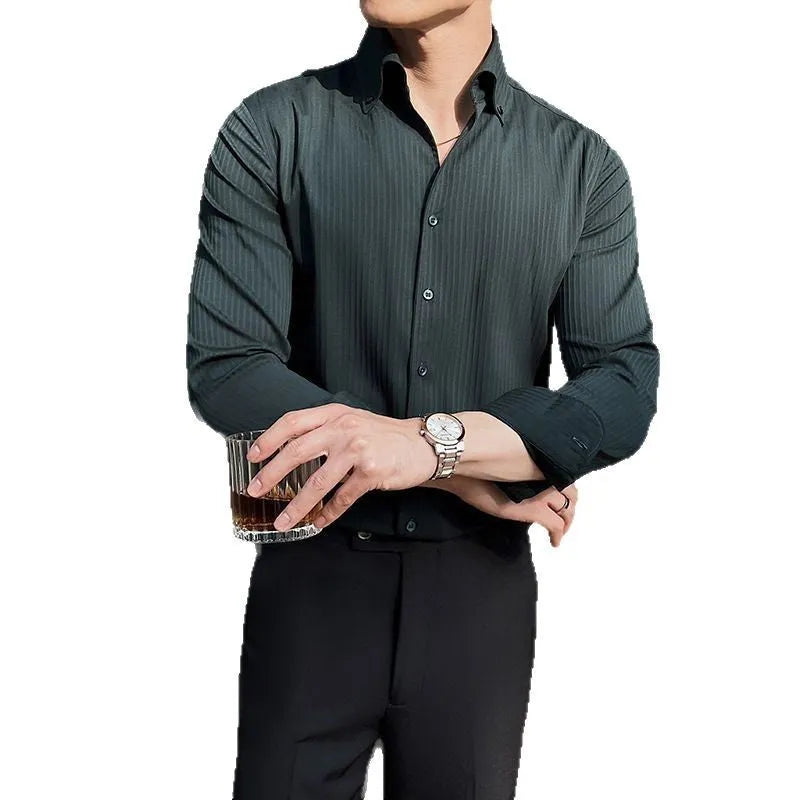 Men's dark striped V-neck long sleeve casual shirt in regular fit cardigan style
