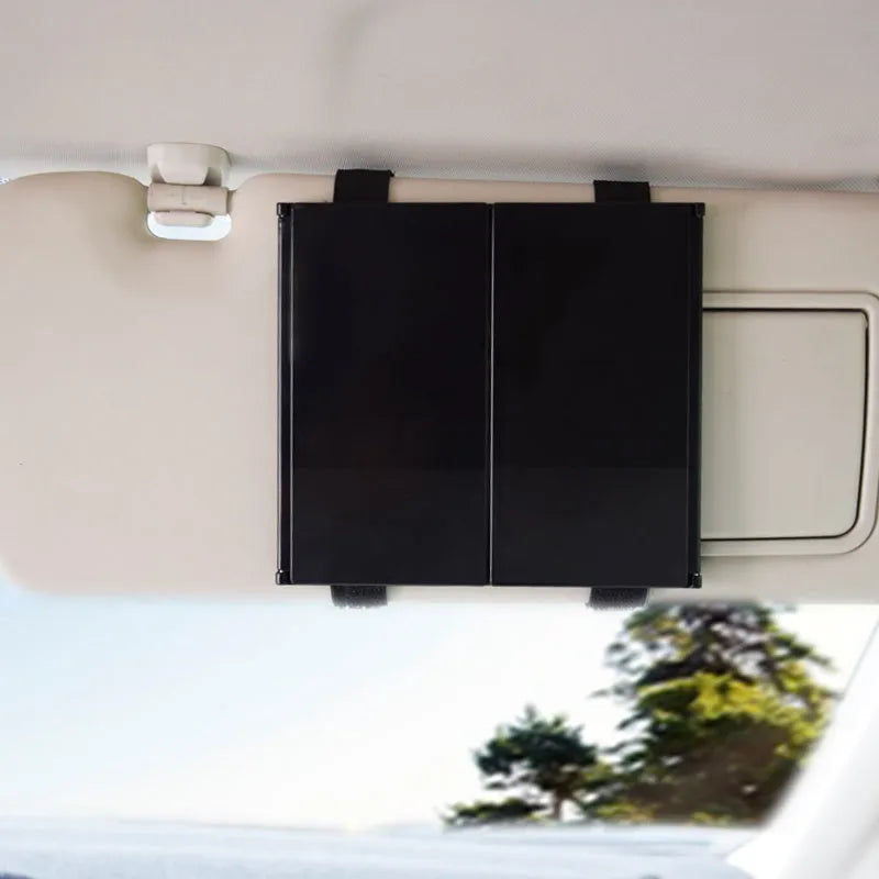 Silver car folding makeup mirror shown closed and open, with ABS plastic frame.