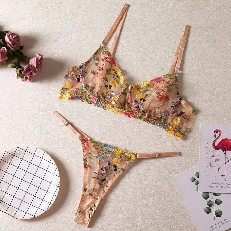 Floral mesh bra with steel ring T-back construction in skin colour