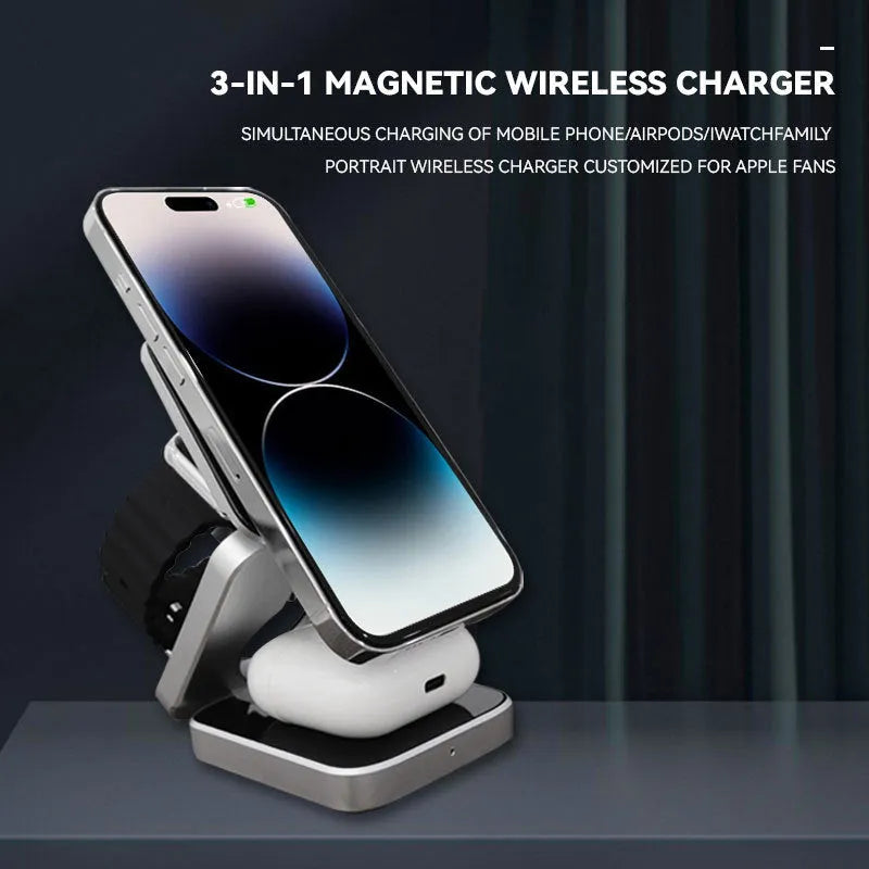 Foldable three-in-one desktop wireless charging bracket shown open and closed