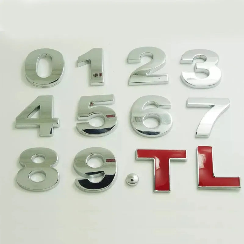 Metal zinc alloy 3D car bumper sticker showing raised English letter, approximately 2.5cm in size
