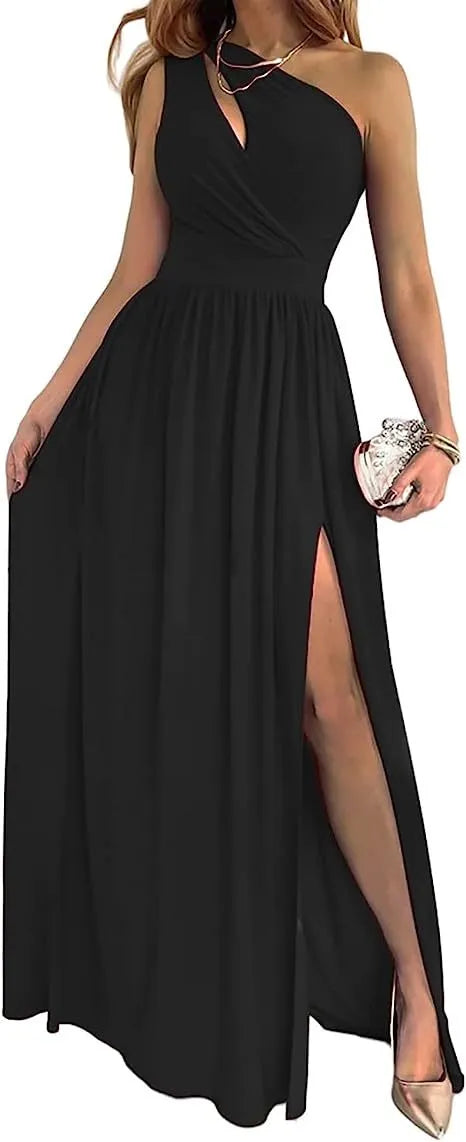 Women's one shoulder maxi dress with high leg split and sleeveless cutout design in soft fabric