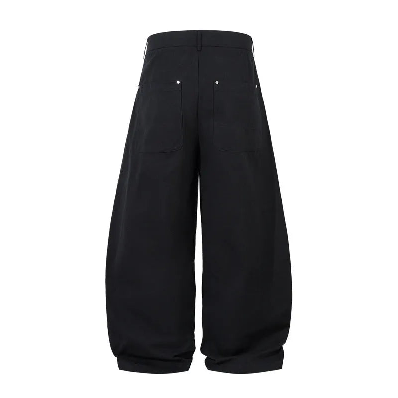 Men's black pleated casual trousers with loose-fitting wide-leg design