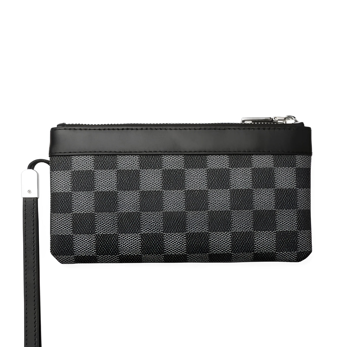 Black genuine cowhide leather men's clutch wallet showing 20cm by 10cm dimensions