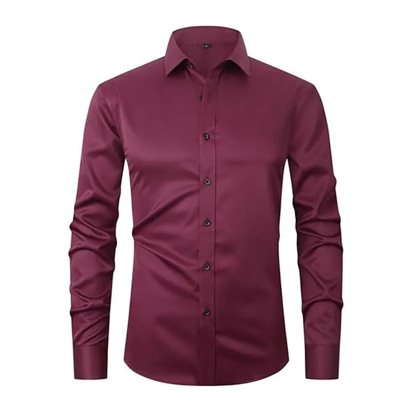 Men's stretch long sleeve work shirt in polyester fabric with white buckle detail and size guide
