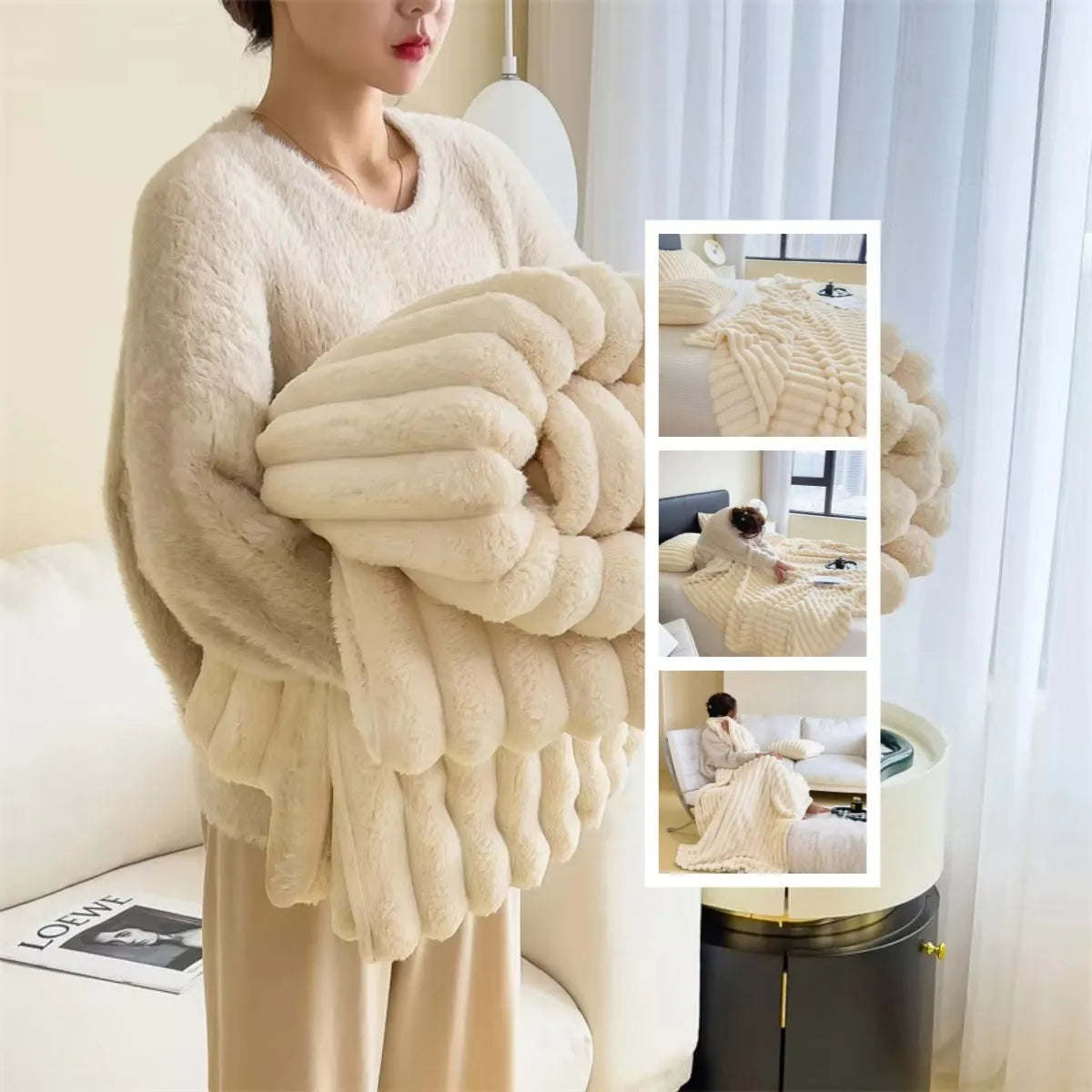 Soft Wind bubble velvet faux rabbit fur blanket in a solid colour, shown folded to display its texture.