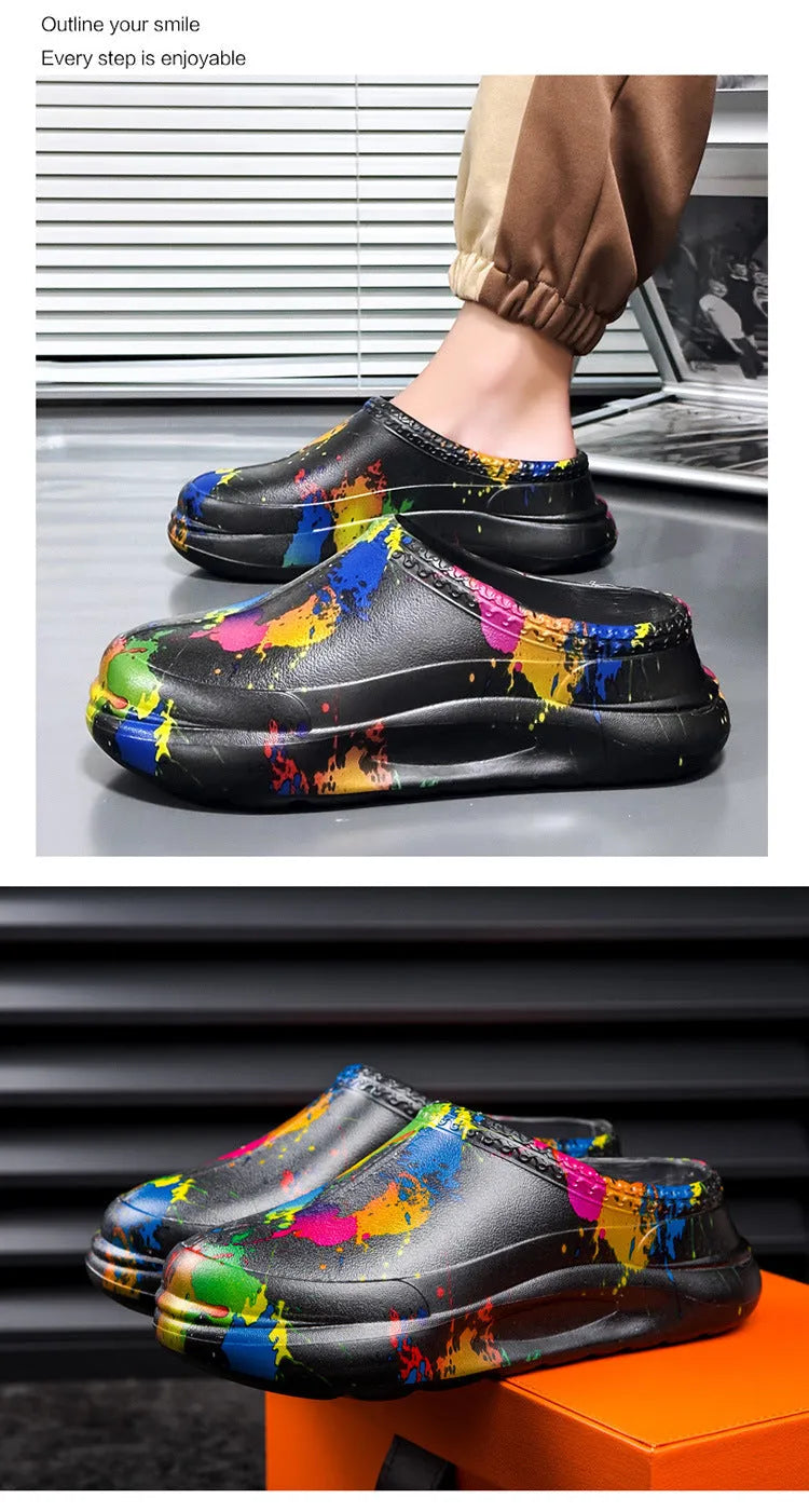 Men's black waterproof slip-on work shoes with platform sole and toe cap design