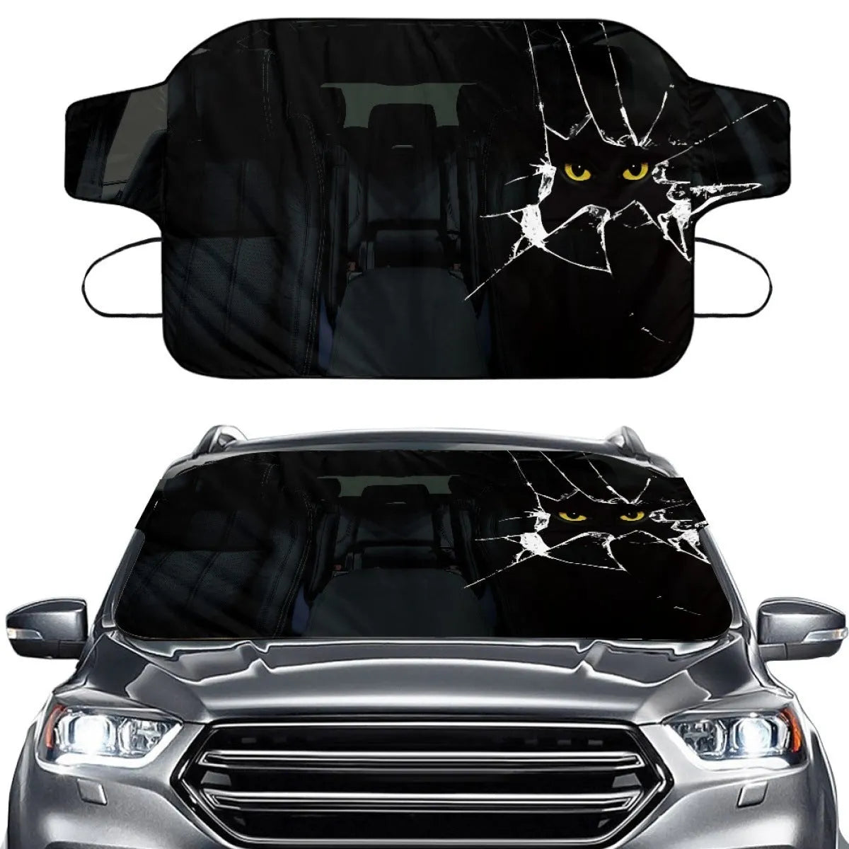 Car snow protection front gear showing aluminium foam fabric construction and lanyard installation system