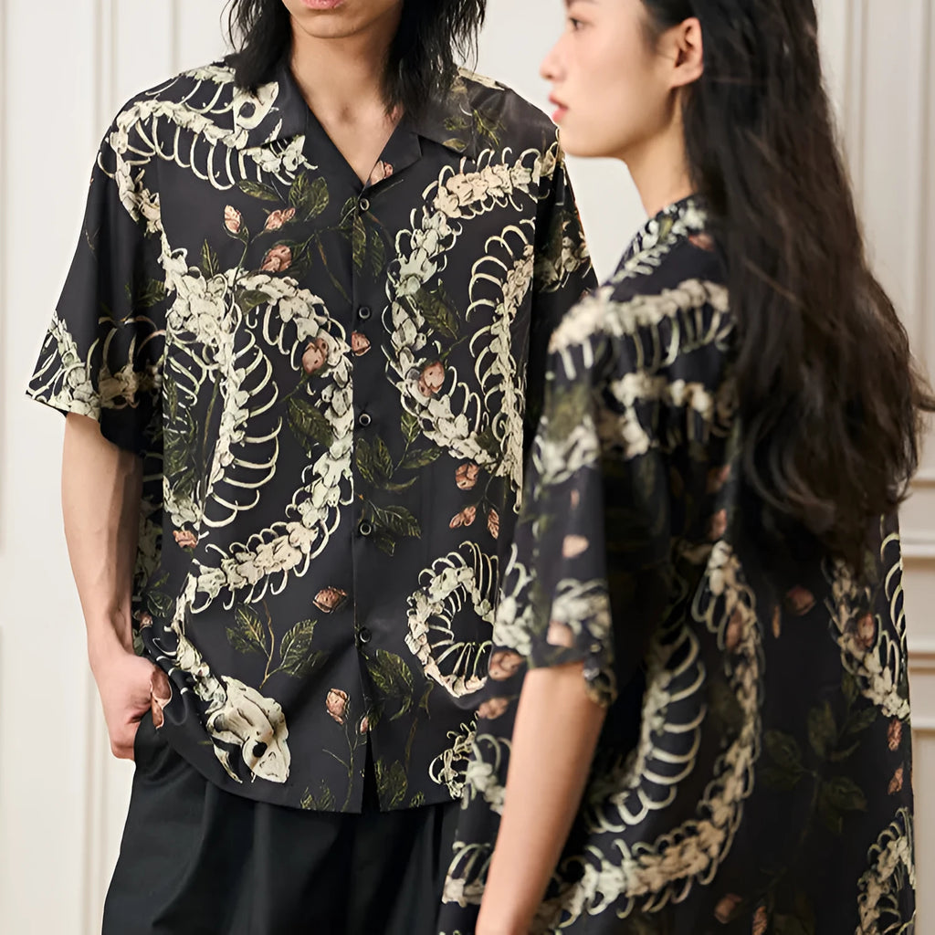 Short sleeve Cuban collar shirt with snake bone pattern print in loose fit style for summer