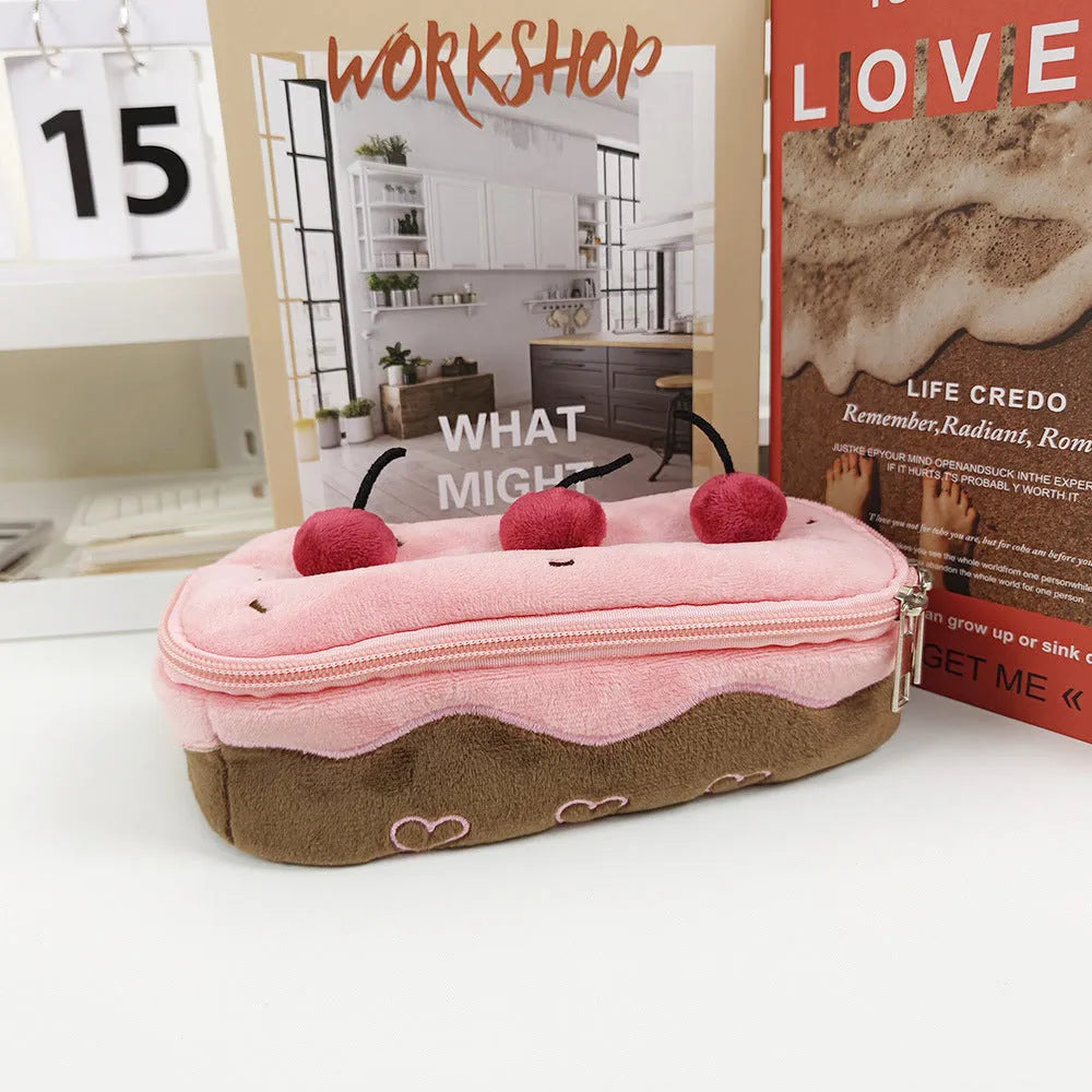 Cherry Cake plush pattern velvet pencil bag in Korean style design