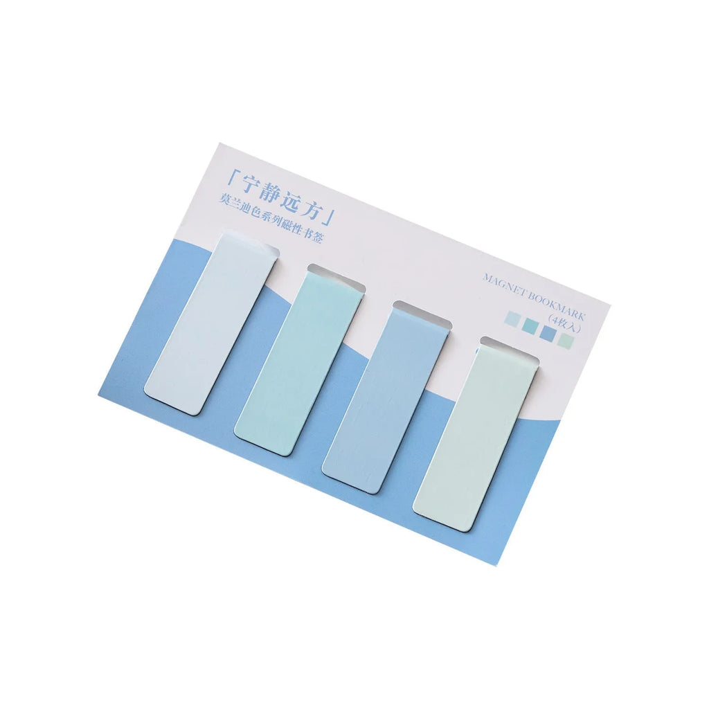Set of four Morandi colour block magnetic bookmarks in different muted colours.