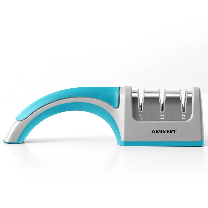 4-in-1 kitchen knife sharpener with TPR and ABS handle, 238 x 50 x 67mm, black or cyan colour options